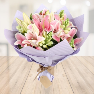 Bunch Of 12 Pink Lilies With Green Fillers