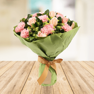 Bouquet of 25 Pink Roses And Pink Carnations