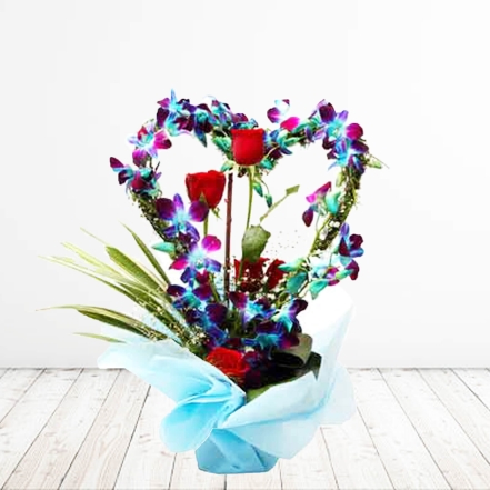 Orchids And Roses Heart Shape Vase Arrangement