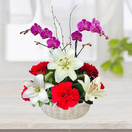 Beautiful Basket of White Lilies & Red Carnations