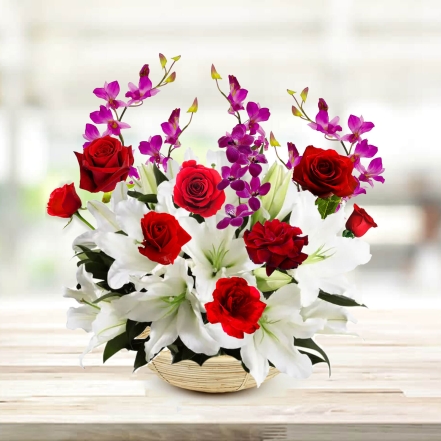 Beautiful Basket of White Lilies & Purple Orchids