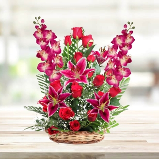 Beautiful Basket of Red Lilies & Red Orchids 