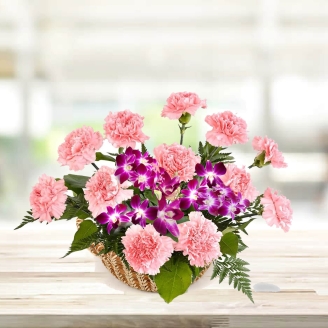 Beautiful Basket of Red Carnations & Purple Orchids