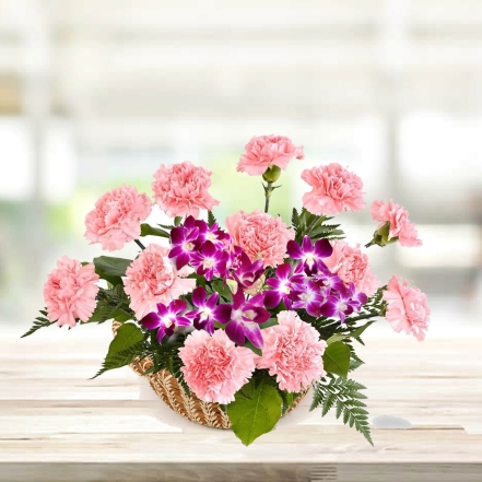 Beautiful Basket of Red Carnations & Purple Orchids