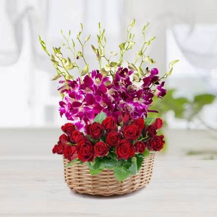 Beautiful Basket of Red Roses & Purple Orchids