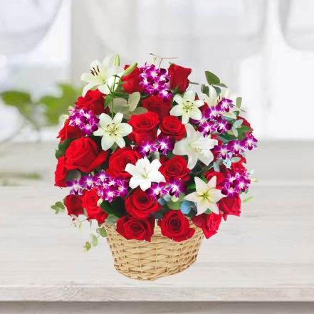 Beautiful Basket of White Lilies & Red Roses 