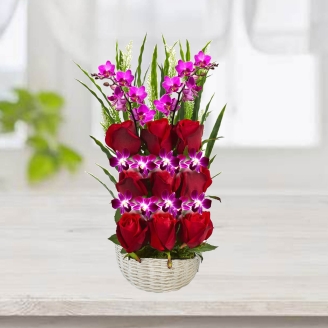 Beautiful Basket 3 Layer Arrangement of Purple Orchids & Red Roses