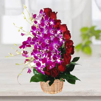 Beautiful Basket of Purple Orchids With Red Roses