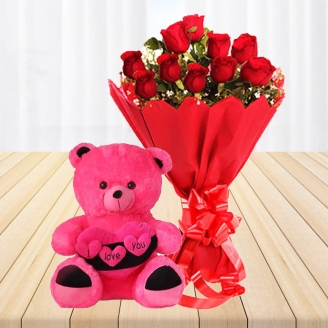 12 Red Roses With Dark Pink Teddy