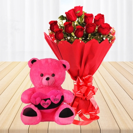 12 Red Roses With Dark Pink Teddy