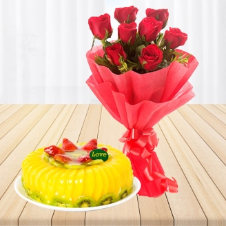 Pineapple Cake With 8 Red Roses