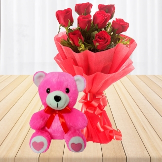 8 Red Roses With Pink Teddy