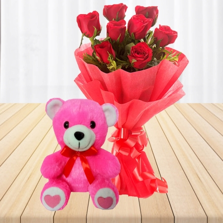 8 Red Roses With Pink Teddy