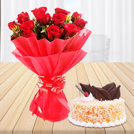 White Forest Cake With 12 Red Roses