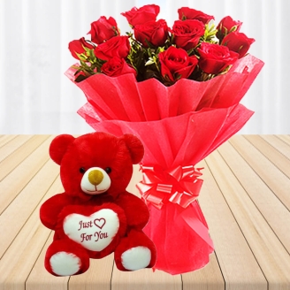 12 Red Roses With Teddy