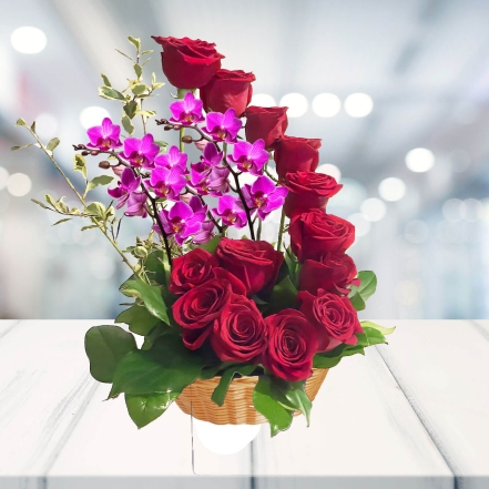 Elegant Bouquet Of Red Roses and Purple Orchids