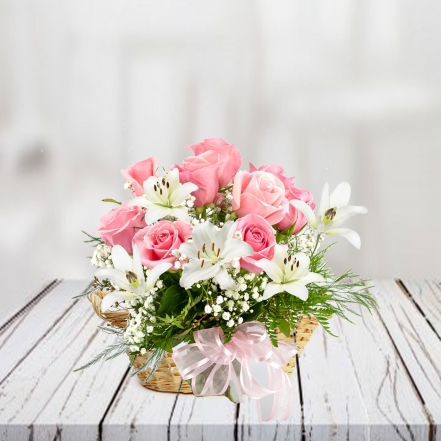 Basket Arrangement Of White Lilies & Pink Roses