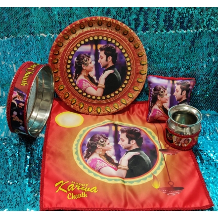 Photo Printed Decorated Karwa Chauth with Cloth Set 2