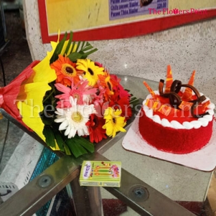 Lovely Gerberas and Red Velvet cake Combo Delivered in Kobra