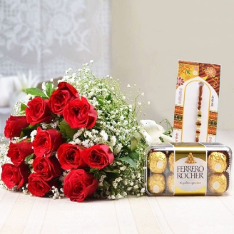 Rakhi With Chocolate and Bouquet